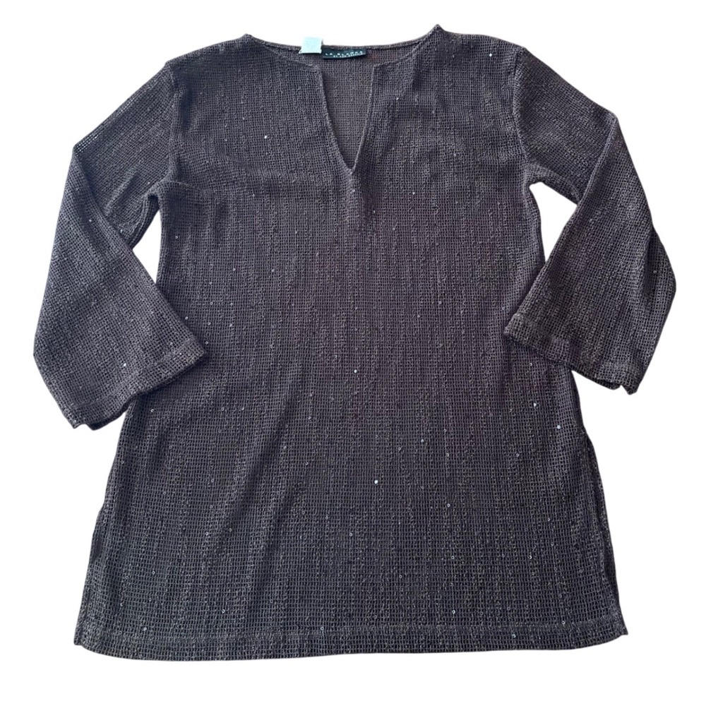 La Blanca by Rod Beattie Brown Mesh Sequin Tunic Swim Cover Up Small